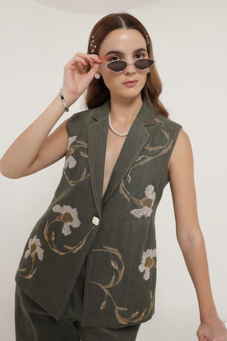 Shop_Shagufta_Green Denim Pearls, Beads, Embroidery Floral Artwork Sleeveless Jacket Pant Set _Online_at_Aza_Fashions