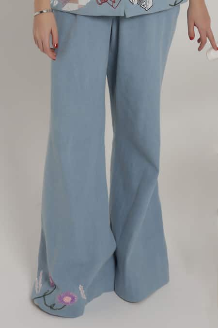 Shagufta_Blue Denim Beads, Embroidery, Sequins V-neck Jacket Pant Set _Online_at_Aza_Fashions