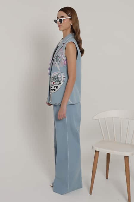 Buy_Shagufta_Blue Denim Beads, Embroidery, Sequins V-neck Jacket Pant Set _Online_at_Aza_Fashions