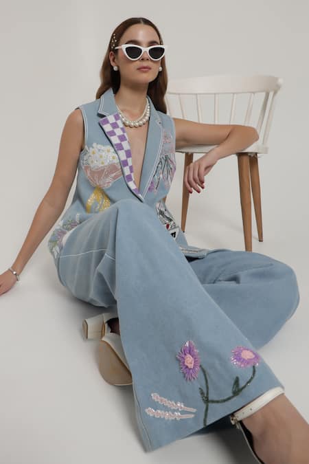 Shop_Shagufta_Blue Denim Beads, Embroidery, Sequins V-neck Jacket Pant Set _Online_at_Aza_Fashions