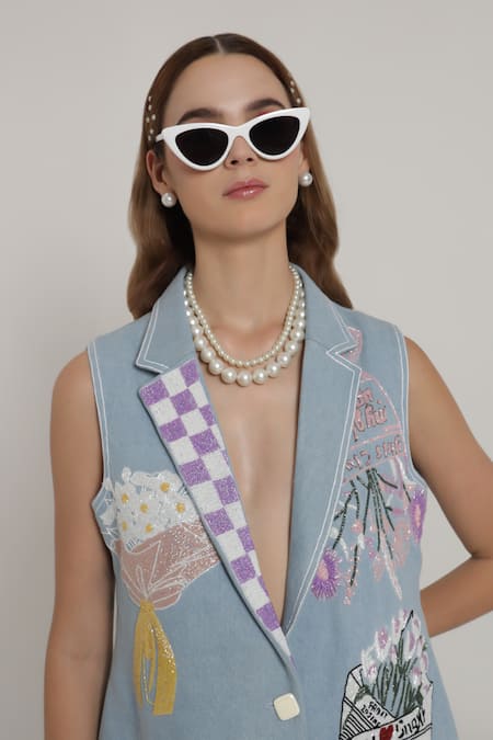 Shagufta_Blue Denim Beads, Embroidery, Sequins V-neck Jacket Pant Set _at_Aza_Fashions