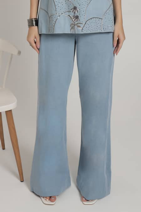 Buy_Shagufta_Blue Denim Embroidery Round Neck Halter Top And Pant Set _Online_at_Aza_Fashions