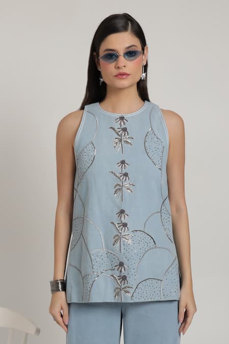 Shop_Shagufta_Blue Denim Embroidery Round Neck Halter Top And Pant Set _Online_at_Aza_Fashions