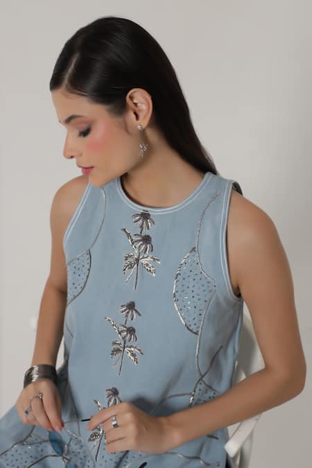 Shagufta_Blue Denim Embroidery Round Neck Halter Top And Pant Set _at_Aza_Fashions