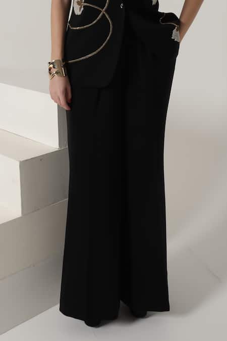 Shagufta_Black Crepe Pearls, Embroidery V-neck Floral Dabka Jacket Pant Set _Online_at_Aza_Fashions