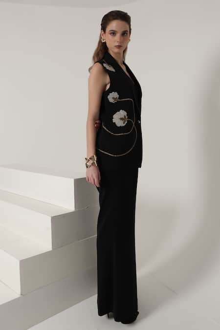 Shagufta_Black Crepe Pearls, Embroidery V-neck Floral Dabka Jacket Pant Set _at_Aza_Fashions