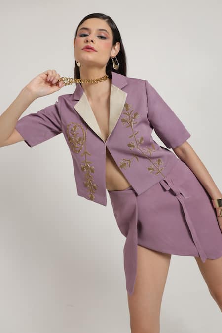 Shagufta_Lavender Georgette Embroidery V-neck Hand Crop Jacket And Wrap Skirt Set _Online_at_Aza_Fashions