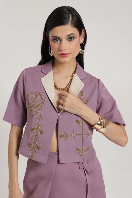 Shop_Shagufta_Lavender Georgette Embroidery V-neck Hand Crop Jacket And Wrap Skirt Set _Online_at_Aza_Fashions