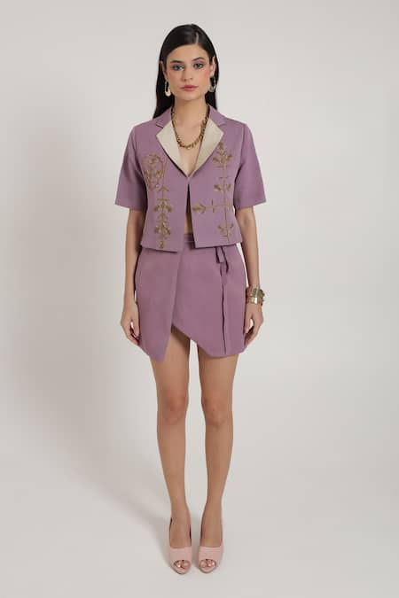 Shagufta Hand Embroidered Crop Jacket & Wrap Skirt Set 