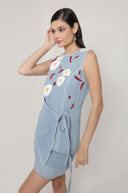 Buy_Shagufta_Blue Denim Embroidery, Patchwork Round Neck Hand Top And Skirt Set _Online_at_Aza_Fashions