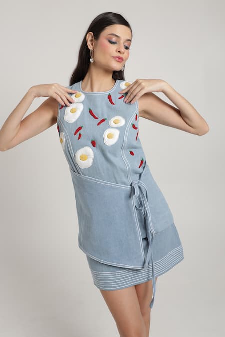 Shop_Shagufta_Blue Denim Embroidery, Patchwork Round Neck Hand Top And Skirt Set _Online_at_Aza_Fashions