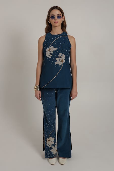 Shagufta_Blue Georgette, Corduroy Embroidery, Beads, Zari Halter Floral Top And Pant Set _Online_at_Aza_Fashions
