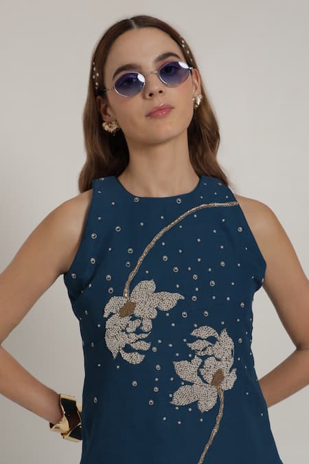 Shop_Shagufta_Blue Georgette, Corduroy Embroidery, Beads, Zari Halter Floral Top And Pant Set _Online_at_Aza_Fashions