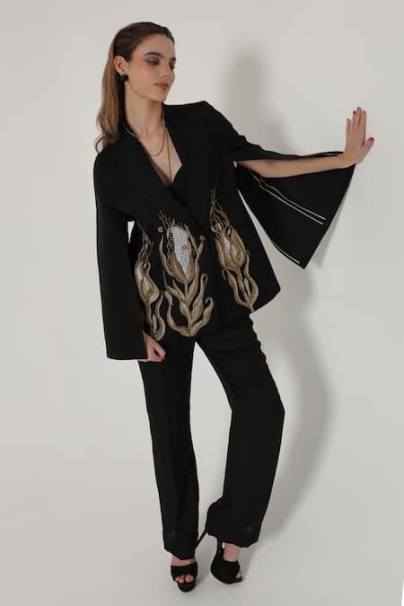 Shagufta_Black Silk Embroidery Cape Sleeve Blazer And Pant Set _Online_at_Aza_Fashions
