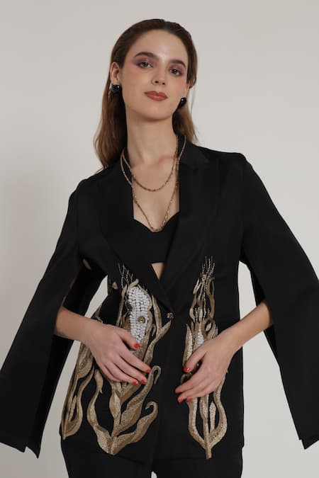 Shop_Shagufta_Black Silk Embroidery Cape Sleeve Blazer And Pant Set _Online_at_Aza_Fashions