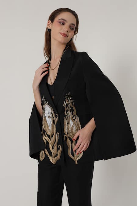 Shagufta_Black Silk Embroidery Cape Sleeve Blazer And Pant Set _at_Aza_Fashions