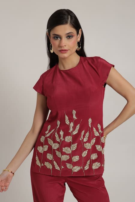 Shagufta_Pink Crepe Embroidery Round Neck Leaf Motif Top And Pant Set _Online_at_Aza_Fashions