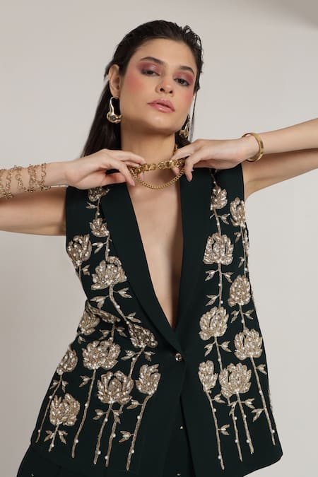 Shagufta_Green Georgette Embroidery, Beads V-neck Hand Jacket Pant Set _Online_at_Aza_Fashions