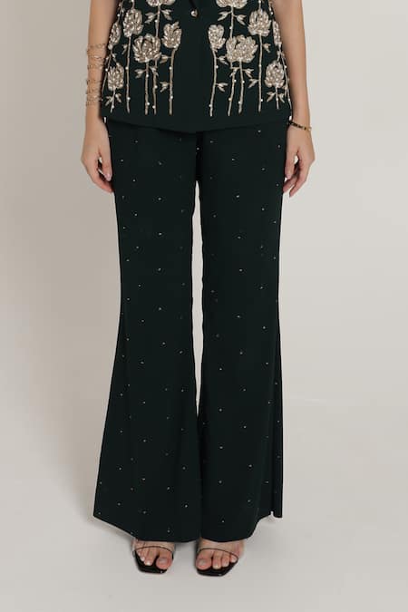 Shagufta_Green Georgette Embroidery, Beads V-neck Hand Jacket Pant Set _at_Aza_Fashions