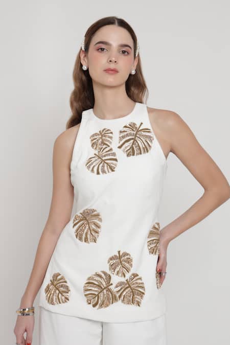 Shop_Shagufta_White Georgette Embroidery, Zari Halter Neck Zardozi Top And Pant Set _Online_at_Aza_Fashions