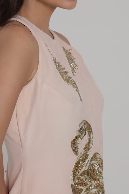 Shagufta_Peach Crepe Embroidery, Zari Halter Neck Zardozi Top And Pant Set _at_Aza_Fashions