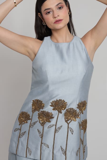 Shagufta_Blue Chanderi Embroidery, Zari Round Neck Floral Top And Pant Set _Online_at_Aza_Fashions