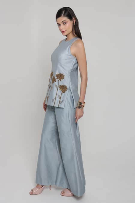 Shop_Shagufta_Blue Chanderi Embroidery, Zari Round Neck Floral Top And Pant Set _Online_at_Aza_Fashions