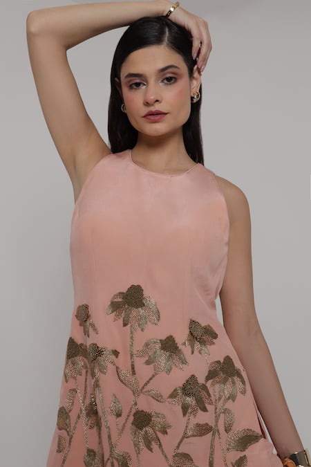 Shop_Shagufta_Peach Crepe Embroidery Halter Neck Top And Pant Set _Online_at_Aza_Fashions