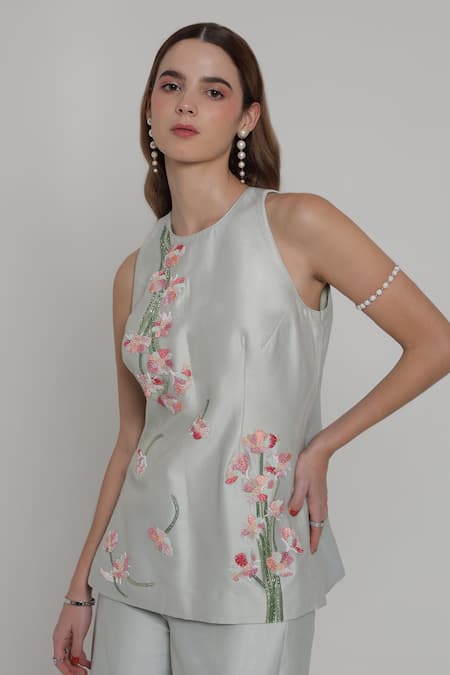 Buy_Shagufta_Green Chanderi Embroidery Halter Neck Floral Hand Thread Top And Pant Set _Online_at_Aza_Fashions