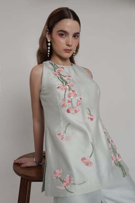 Shop_Shagufta_Green Chanderi Embroidery Halter Neck Floral Hand Thread Top And Pant Set _Online_at_Aza_Fashions