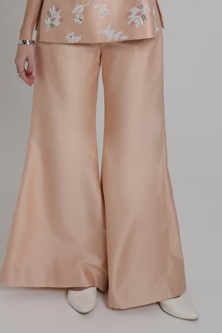 Buy_Shagufta_Peach Chanderi Embroidery Round Neck Thread Top And Pant Set _Online_at_Aza_Fashions