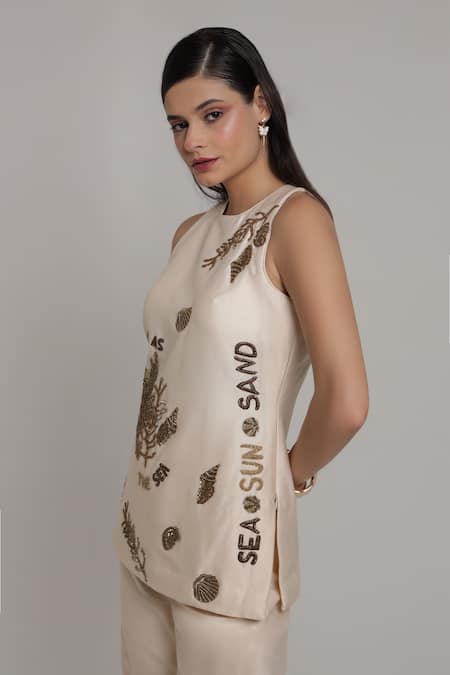 Buy_Shagufta_Beige Chanderi Sequins, Embroidery Halter Neck Seashell Top And Pant Set _Online_at_Aza_Fashions