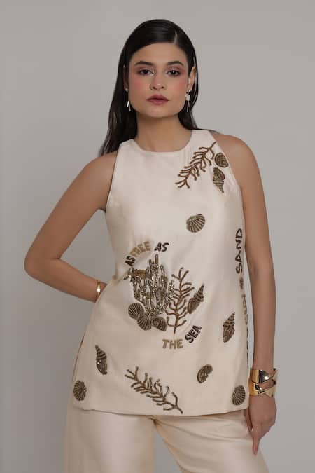 Shop_Shagufta_Beige Chanderi Sequins, Embroidery Halter Neck Seashell Top And Pant Set _Online_at_Aza_Fashions