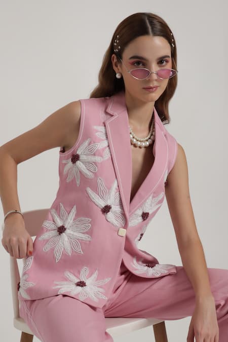 Shagufta_Pink Denim Patchwork V-neck Floral Sleeveless Jacket Pant Set _at_Aza_Fashions