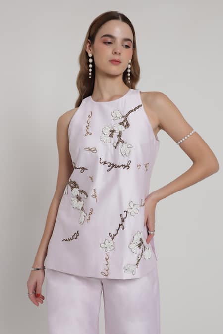 Shop_Shagufta_Lavender Chanderi Embroidery, Sequins, Beads Halter Neck, Round Top And Pant Set _Online_at_Aza_Fashions