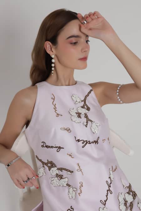 Shagufta_Lavender Chanderi Embroidery, Sequins, Beads Halter Neck, Round Top And Pant Set _at_Aza_Fashions