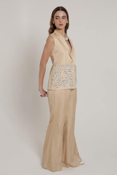 Shop_Shagufta_Beige Silk Cut Work, Embroidery V-neck Cutdana Jacket Pant Set _Online_at_Aza_Fashions