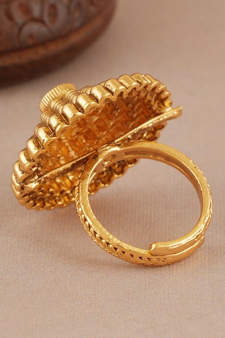Smars Jewelry_Gold Plated Stones, Antique Carved Adjustable Ring _Online_at_Aza_Fashions