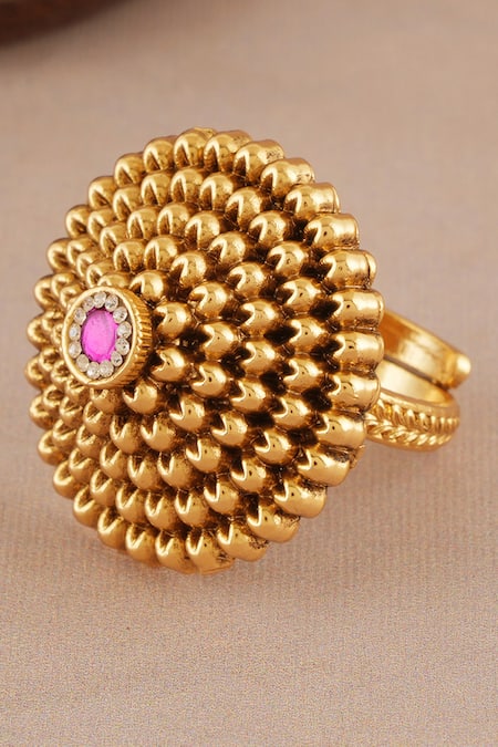 Buy_Smars Jewelry_Gold Plated Stones, Antique Carved Adjustable Ring _Online_at_Aza_Fashions