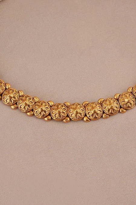 Shop_Smars Jewelry_Gold Plated Antique Floral Carved Choker Necklace Set _Online_at_Aza_Fashions