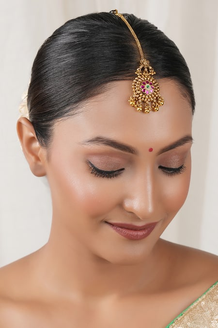 Smars Jewelry_Gold Plated Antique Floral Carved Embellished Maangtikka _Online_at_Aza_Fashions