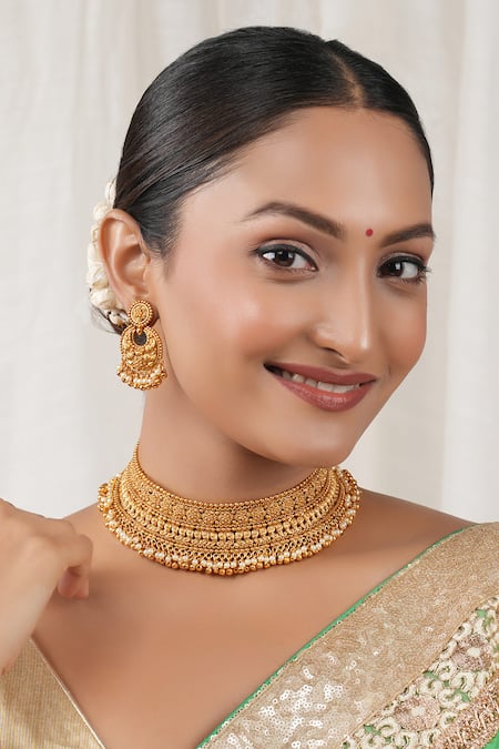 Smars Jewelry Antique Pearl Drop Choker & Chandbalis Set 