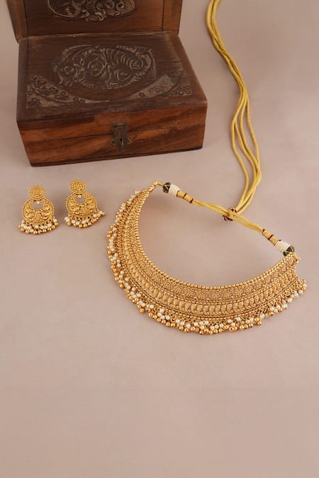 Smars Jewelry Antique Pearl Drop Choker & Chandbalis Set 
