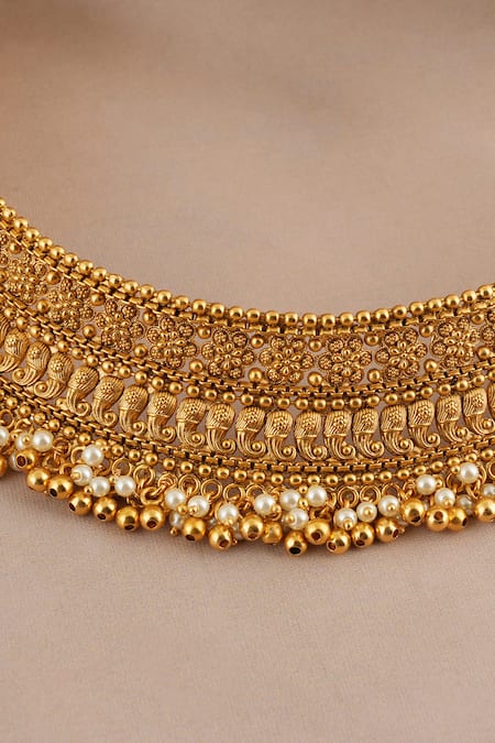 Smars Jewelry_Gold Plated Pearls, Beads Antique Drop Choker And Chandbalis Set _Online_at_Aza_Fashions