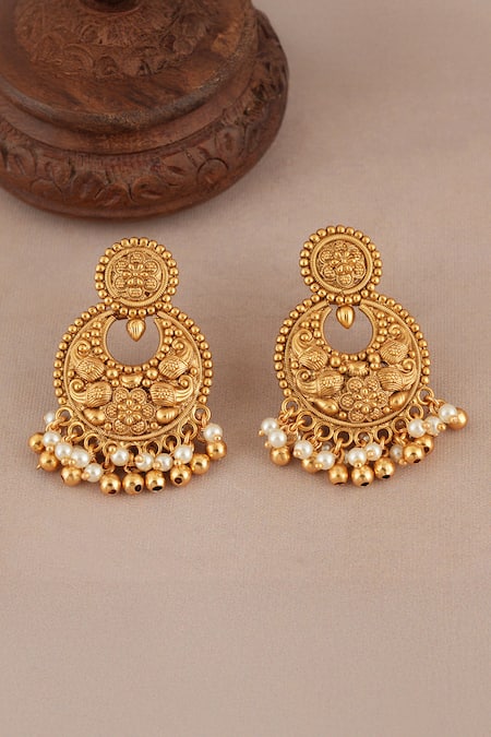 Shop_Smars Jewelry_Gold Plated Pearls, Beads Antique Drop Choker And Chandbalis Set _Online_at_Aza_Fashions