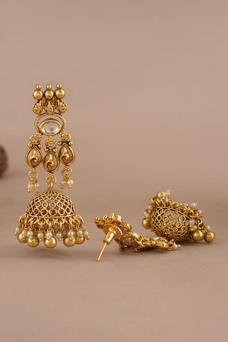 Smars Jewelry_Gold Plated Stones, Pearls Kundan Antique Layered Choker Necklace Set _Online_at_Aza_Fashions