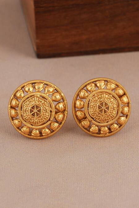 Buy_SMARS JEWELRY_Gold Plated Antique Carved Choker And Stud Earrings Set _Online_at_Aza_Fashions