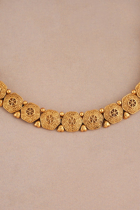 Shop_SMARS JEWELRY_Gold Plated Antique Carved Choker And Stud Earrings Set _Online_at_Aza_Fashions