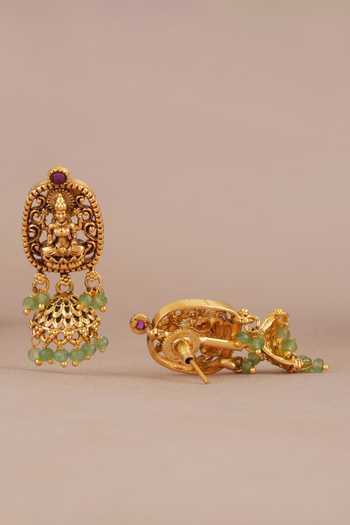 SMARS JEWELRY_Gold Plated Beads, Stones Maa Lakshmi Carved Brooch Antique Temple Necklace Set _Online_at_Aza_Fashions