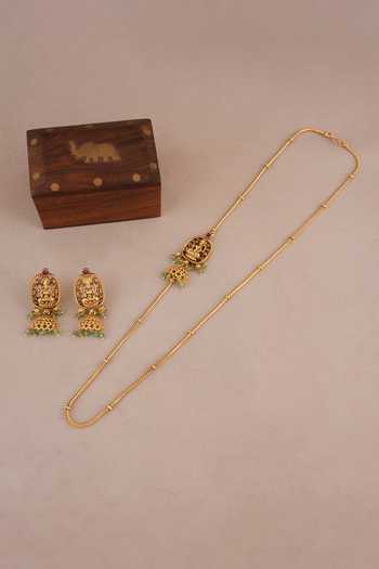 Shop_SMARS JEWELRY_Gold Plated Beads, Stones Maa Lakshmi Carved Brooch Antique Temple Necklace Set _Online_at_Aza_Fashions